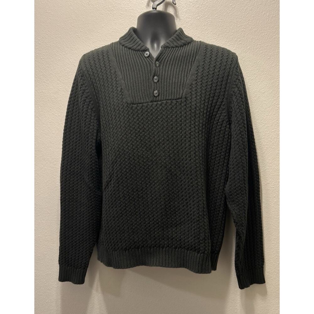 VTG Eddie Bauer Cable Knit Sweater Mens Quarter Button‎ Tall Med. Cotton D.Green